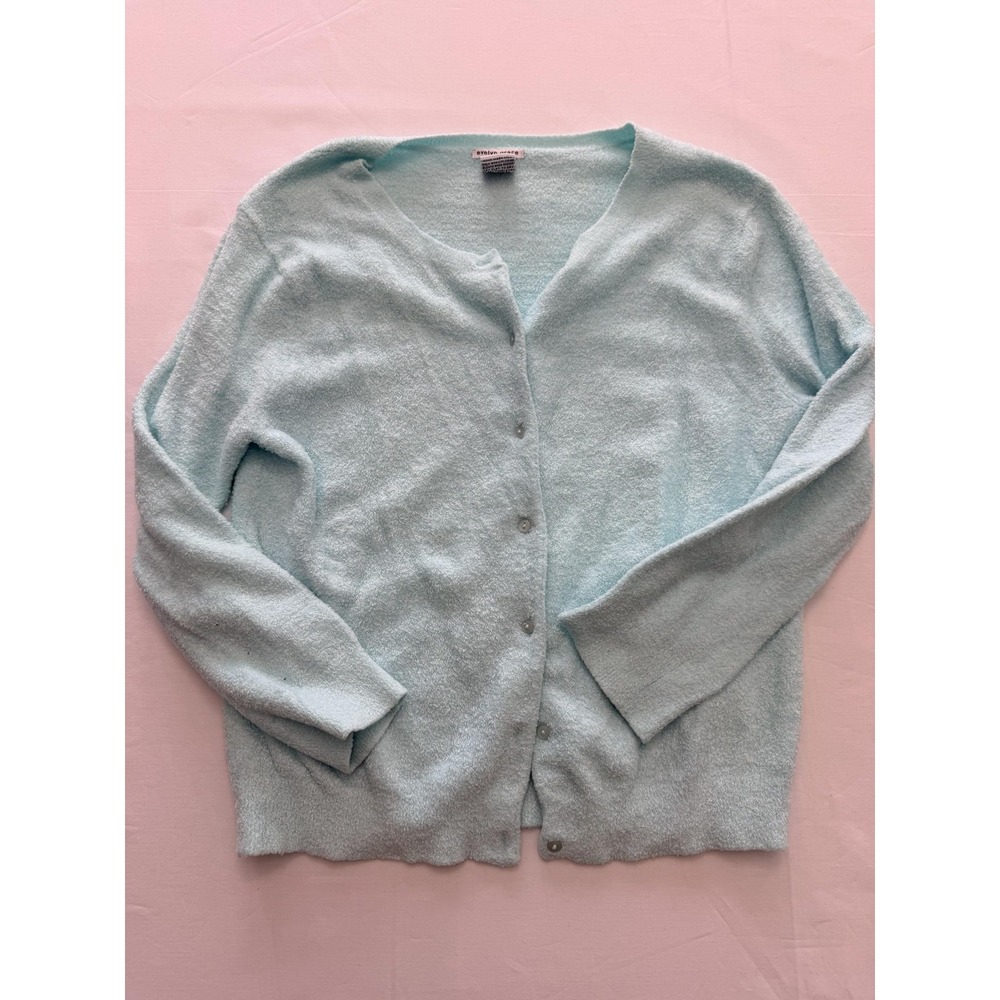 Evelyn Grace Cardigan Sweater Womens Medium Blue Button Front Fuzzy Knit Soft